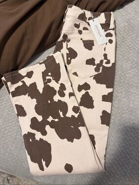 Just USA Cream and Brown Cowprint Wide Leg Jeans